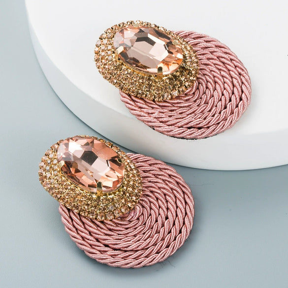 Women's Geometric Oval Glass Rhinestone Earrings With Colorful Diamond Design And Handwoven Wire Detail