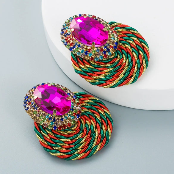 Women's Geometric Oval Glass Rhinestone Earrings With Colorful Diamond Design And Handwoven Wire Detail