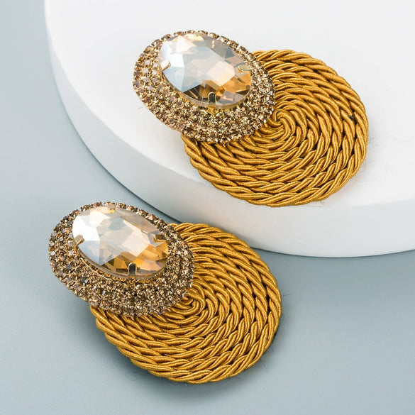 Women's Geometric Oval Glass Rhinestone Earrings With Colorful Diamond Design And Handwoven Wire Detail