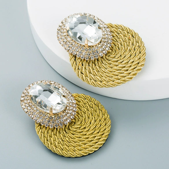 Women's Geometric Oval Glass Rhinestone Earrings With Colorful Diamond Design And Handwoven Wire Detail