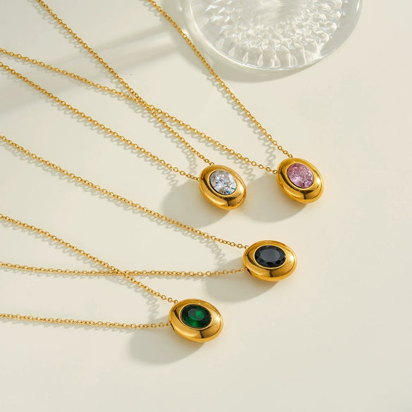 Women's Geometric Oval Pendant Necklace In Stainless Steel With Zircon Inlay And 18K Vacuum Plated Finish