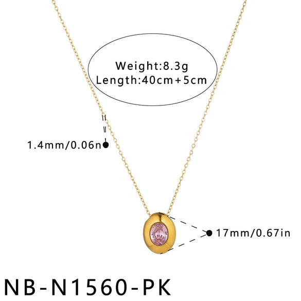 Women's Geometric Oval Pendant Necklace In Stainless Steel With Zircon Inlay And 18K Vacuum Plated Finish