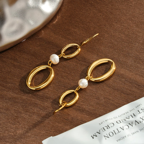 Women's Geometric Oval Stainless Steel Earrings With Pearl Accents And 18K Vacuum Electroplated Finish