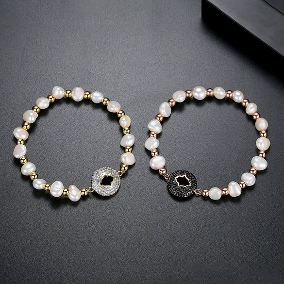 Women's Geometric Pearl And Zircon Beaded Bracelet Copper Fashion Jewelry For Wholesale