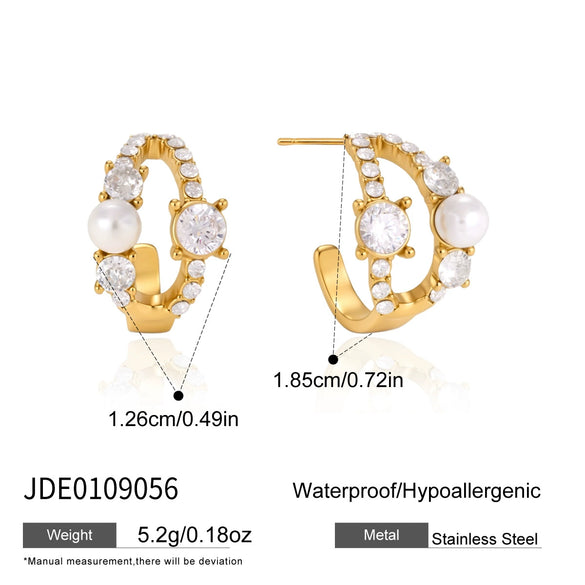 Women's Geometric Pearl Cshaped Stud Earrings In Stainless Steel With Titanium Steel Posts And Vacuum Pvd Gold Plating