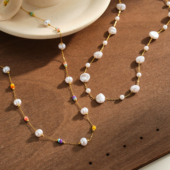 Women's Geometric Pearl Embellished Gold Plated Stainless Steel Necklace With Regular Chain