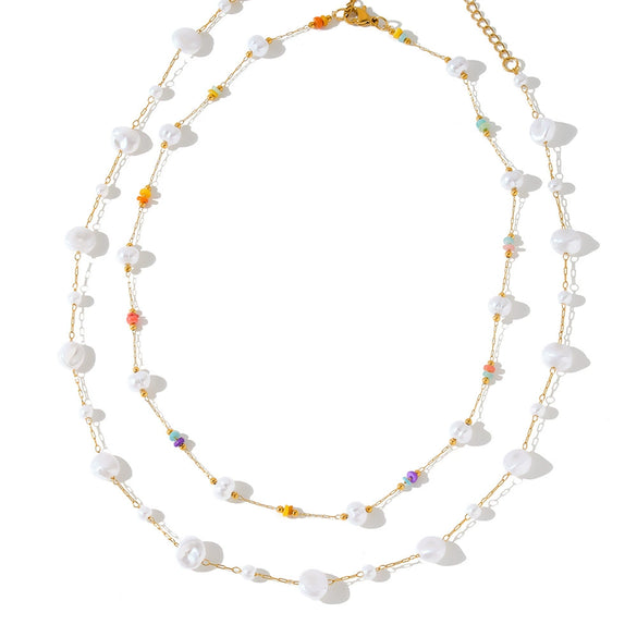 Women's Geometric Pearl Embellished Gold Plated Stainless Steel Necklace With Regular Chain