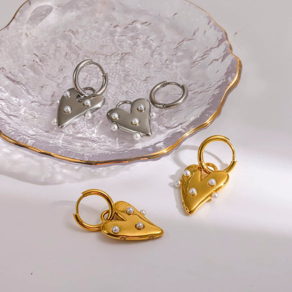 Women's Geometric Pearl Heart Shaped Stainless Steel Hoop Earrings With Pvd Real Gold Plated Finish And Unique Niche Style Design