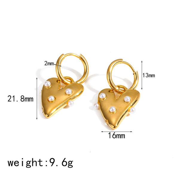 Women's Geometric Pearl Heart Shaped Stainless Steel Hoop Earrings With Pvd Real Gold Plated Finish And Unique Niche Style Design