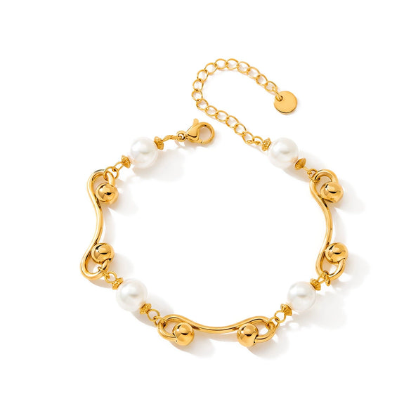 Women's Geometric Pearl Inlay Stainless Steel Bracelet With Gold Tone Vacuum Plating And Lightweight Luxury Design