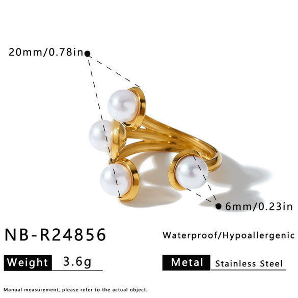 Women's Geometric Pearl Ring In 18K Gold Plated Stainless Steel With Adjustable Open Design And Light Luxury Style