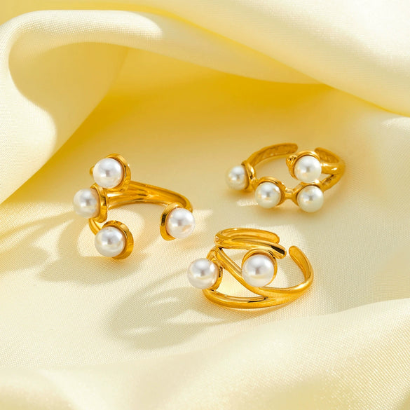 Women's Geometric Pearl Ring In 18K Gold Plated Stainless Steel With Adjustable Open Design And Light Luxury Style