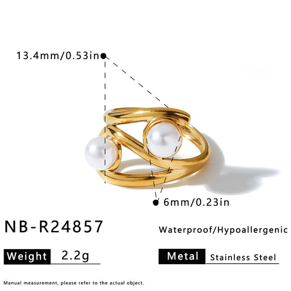 Women's Geometric Pearl Ring In 18K Gold Plated Stainless Steel With Adjustable Open Design And Light Luxury Style