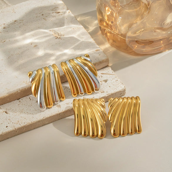 Women's Geometric Pleated Texture Color Matching Asymmetrical Earrings In Stainless Steel With Fruit Shape And Electroplating