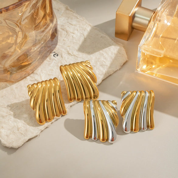 Women's Geometric Pleated Texture Color Matching Asymmetrical Earrings In Stainless Steel With Fruit Shape And Electroplating