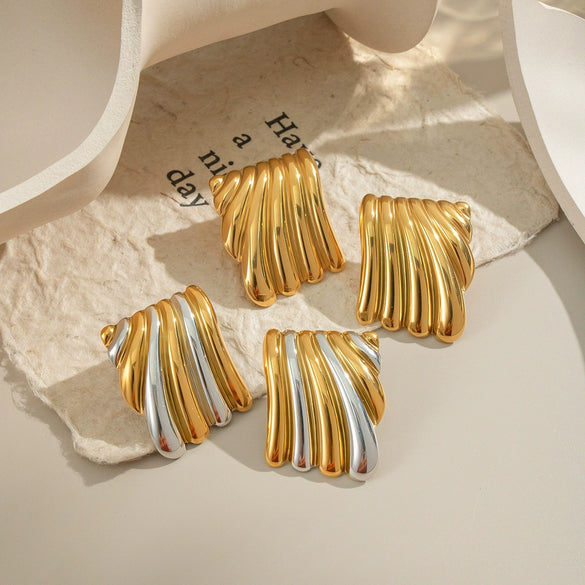 Women's Geometric Pleated Texture Color Matching Asymmetrical Earrings In Stainless Steel With Fruit Shape And Electroplating