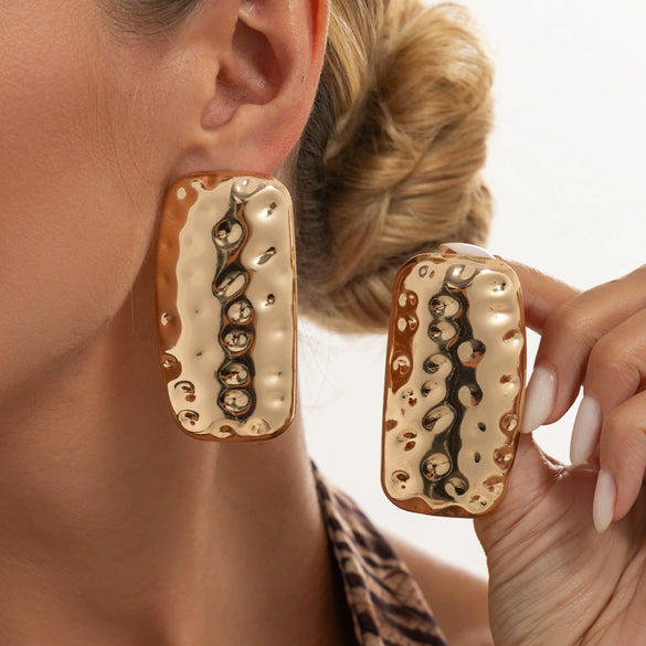 Women's Geometric Rectangular Hammered Iron Earrings With Electroplated Finish And Stainless Steel Ear Posts