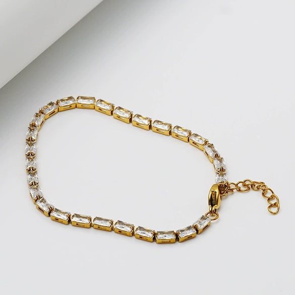 Women's Geometric Rectangular Zirconstudded Stainless Steel Bracelet With Electroplated Finish And Slim Elegant Design