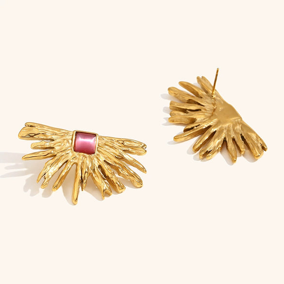 Women's Geometric Red Agate Fan Earrings In Gold Plated Stainless Steel With An Irregular Statement Design