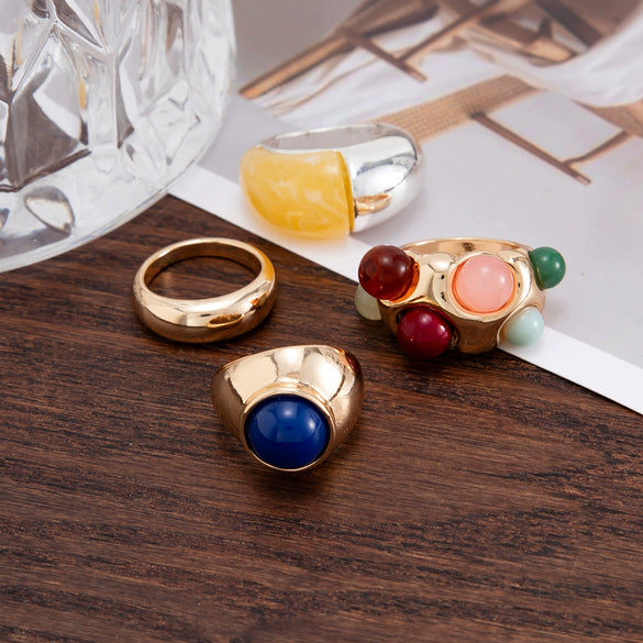 Women's Geometric Resin Gemstone Ring With Colorful Bead Inlay Plated Alloy Finish And Stylish Stackable Design