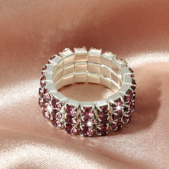 Women's Geometric Rhinestone Elastic Adjustable Ring Set Shiny Electroplated Fashion Statement Rings