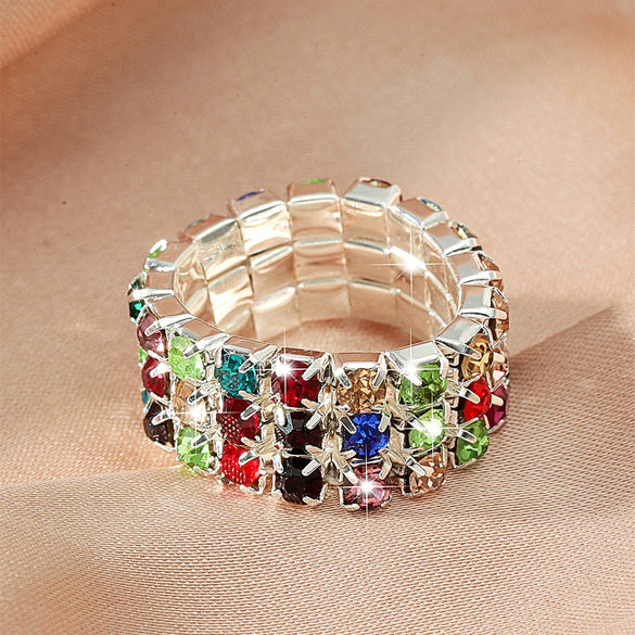 Women's Geometric Rhinestone Elastic Adjustable Ring Set Shiny Electroplated Fashion Statement Rings