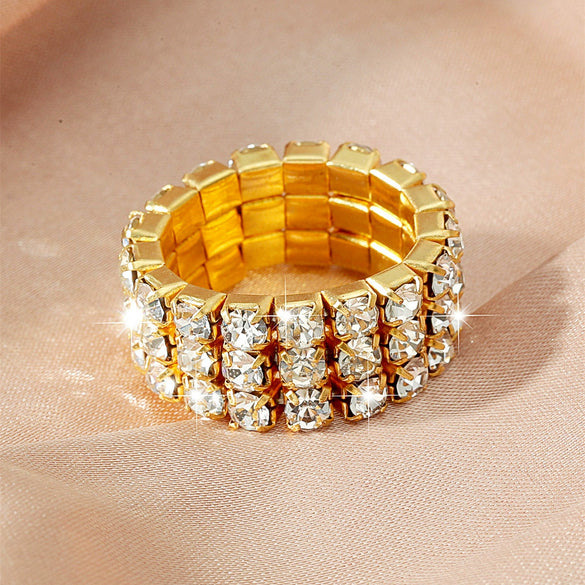 Women's Geometric Rhinestone Elastic Adjustable Ring Set Shiny Electroplated Fashion Statement Rings