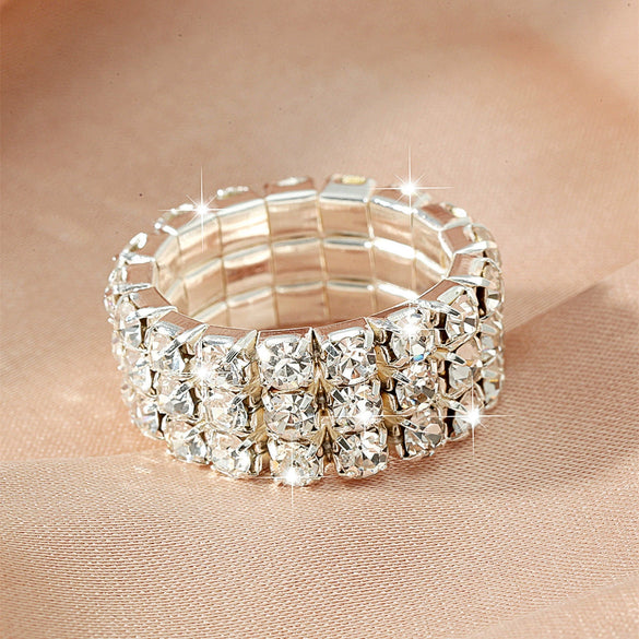 Women's Geometric Rhinestone Elastic Adjustable Ring Set Shiny Electroplated Fashion Statement Rings
