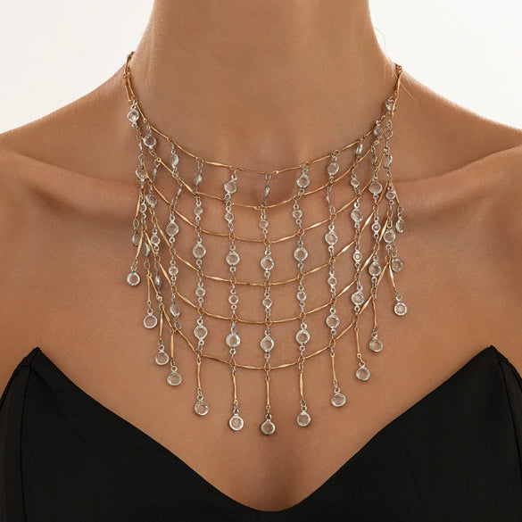 Women's Geometric Rhinestone Multilayer Tassel Necklace With Sparkling Mesh Chain Copper Alloy Plated Minimalist Statement Jewelry