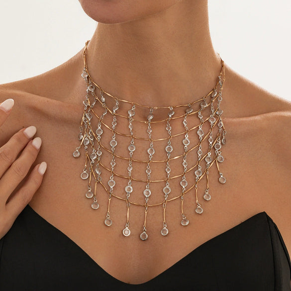 Women's Geometric Rhinestone Multilayer Tassel Necklace With Sparkling Mesh Chain Copper Alloy Plated Minimalist Statement Jewelry
