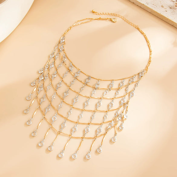 Women's Geometric Rhinestone Multilayer Tassel Necklace With Sparkling Mesh Chain Copper Alloy Plated Minimalist Statement Jewelry