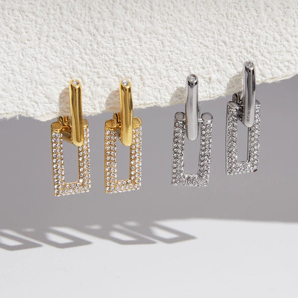 Women's Geometric Rhinestone Stainless Steel Earrings With Electroplated Finish Elegant Light Luxury Non Fading Clip On Style Jewelry
