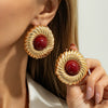 Women’s Geometric Round Stud Earrings With Sunflower Pattern Vintage Gradient Design And Ecofriendly Zinc Alloy Finish