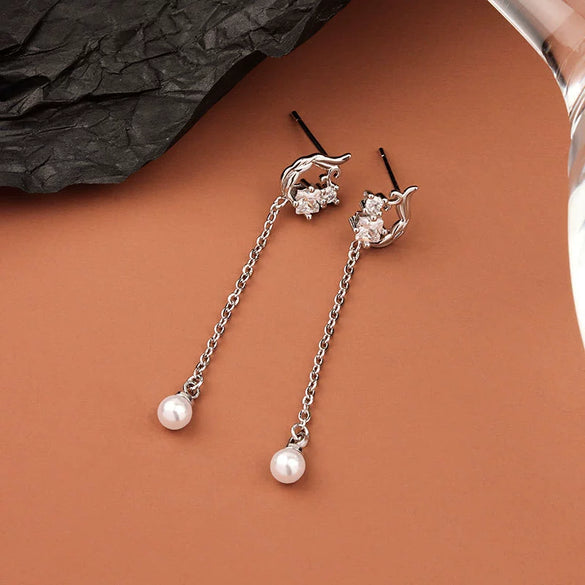 Women's Geometric S925 Sterling Silver Pearl And Zircon Stud Earrings With Electroplated Finish