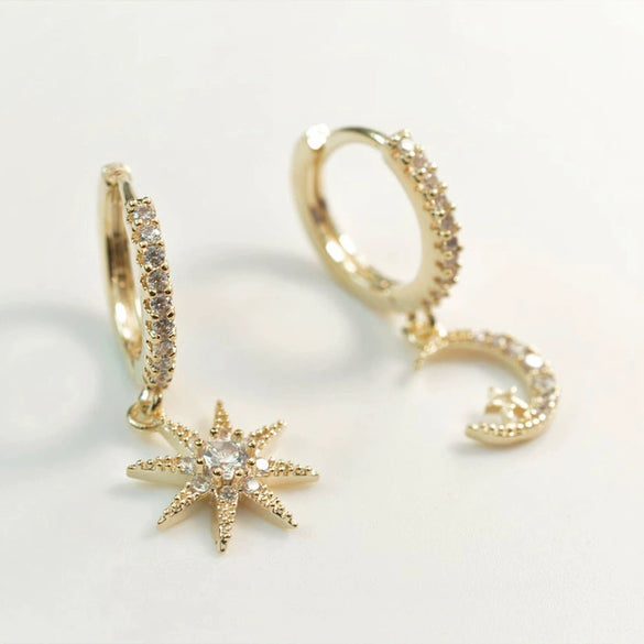 Women's Geometric Silver Needle And Copper Ear Stud Earrings With Inlaid Zircon Star And Moon Design