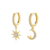 Women's Geometric Silver Needle And Copper Ear Stud Earrings With Inlaid Zircon Star And Moon Design