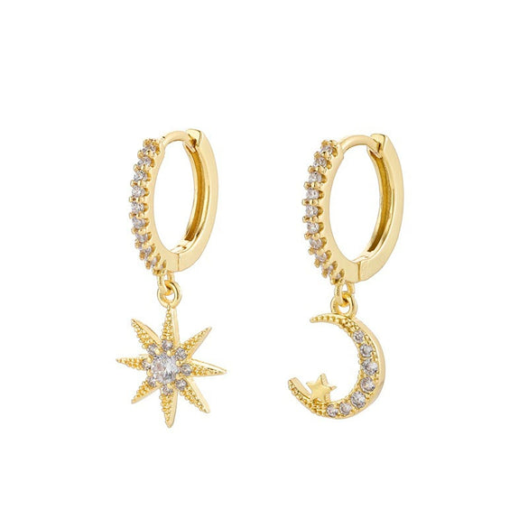 Women's Geometric Silver Needle And Copper Ear Stud Earrings With Inlaid Zircon Star And Moon Design