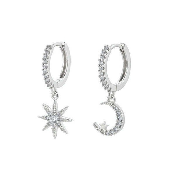 Women's Geometric Silver Needle And Copper Ear Stud Earrings With Inlaid Zircon Star And Moon Design