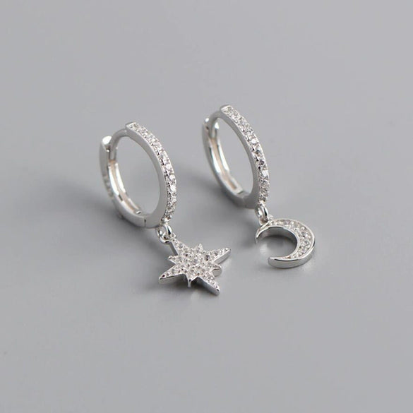 Women's Geometric Silver Needle And Copper Ear Stud Earrings With Inlaid Zircon Star And Moon Design