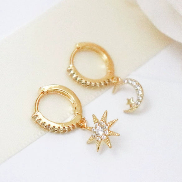Women's Geometric Silver Needle And Copper Ear Stud Earrings With Inlaid Zircon Star And Moon Design