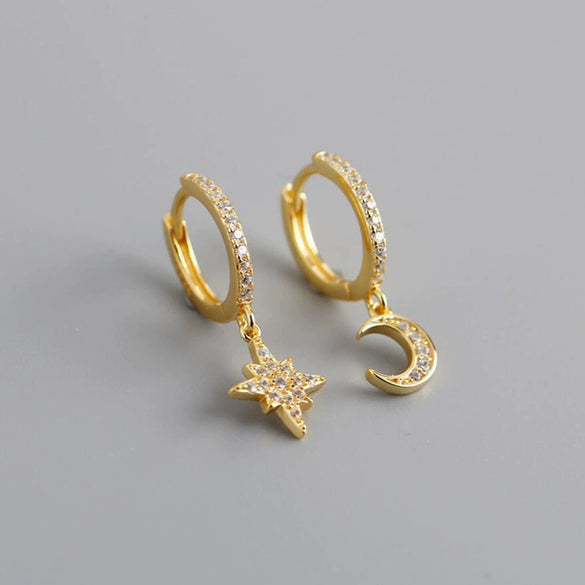Women's Geometric Silver Needle And Copper Ear Stud Earrings With Inlaid Zircon Star And Moon Design
