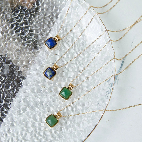 Women's Geometric Small Square Necklace In Titanium Steel With Natural Green Aventurine And Blue Sandstone Electroplated Gold Color O Chain