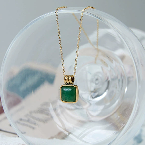Women's Geometric Small Square Necklace In Titanium Steel With Natural Green Aventurine And Blue Sandstone Electroplated Gold Color O Chain