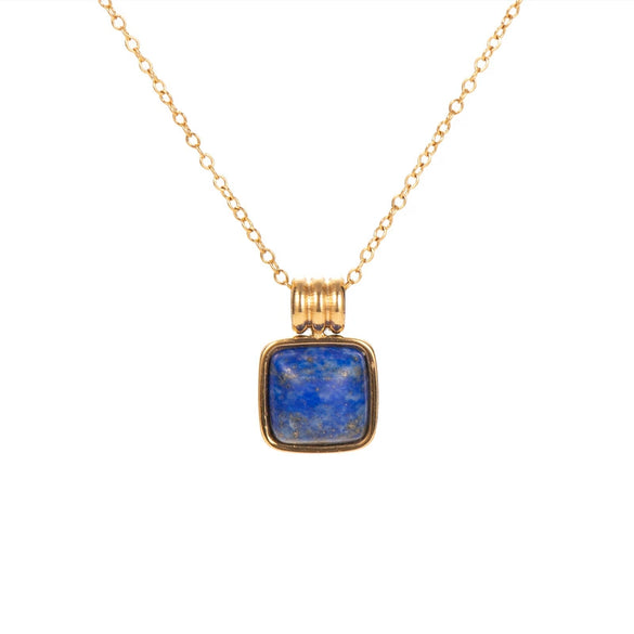 Women's Geometric Small Square Necklace In Titanium Steel With Natural Green Aventurine And Blue Sandstone Electroplated Gold Color O Chain