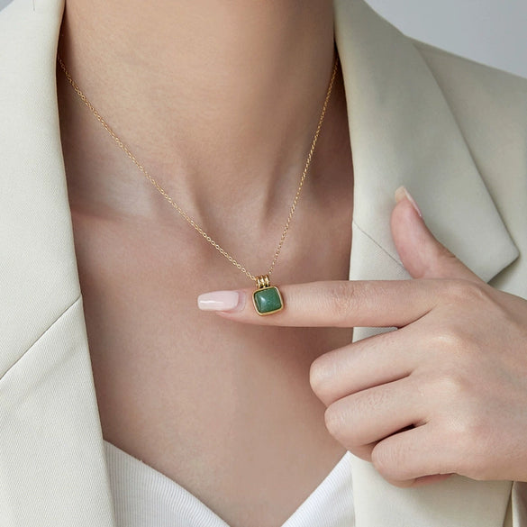 Women's Geometric Small Square Necklace In Titanium Steel With Natural Green Aventurine And Blue Sandstone Electroplated Gold Color O Chain