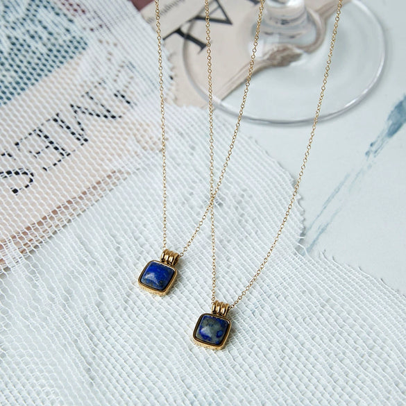 Women's Geometric Small Square Necklace In Titanium Steel With Natural Green Aventurine And Blue Sandstone Electroplated Gold Color O Chain