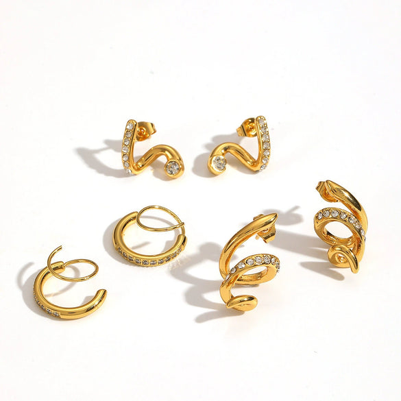 Women's Geometric Snakeshaped Stainless Steel And Titanium Steel Earrings With Diamond Encrusted And Pvd Furnace Vacuum Real Gold Plating