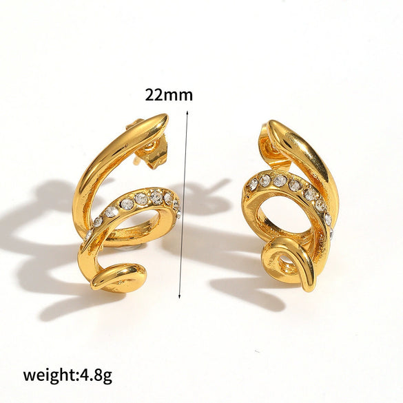 Women's Geometric Snakeshaped Stainless Steel And Titanium Steel Earrings With Diamond Encrusted And Pvd Furnace Vacuum Real Gold Plating