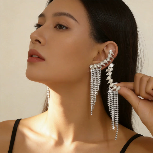 Women's Geometric Sparkling Rhinestone Tassel Earrings With Alloy Design And Stainless Steel Ear Needles Electroplated Stud And Clipon Styles