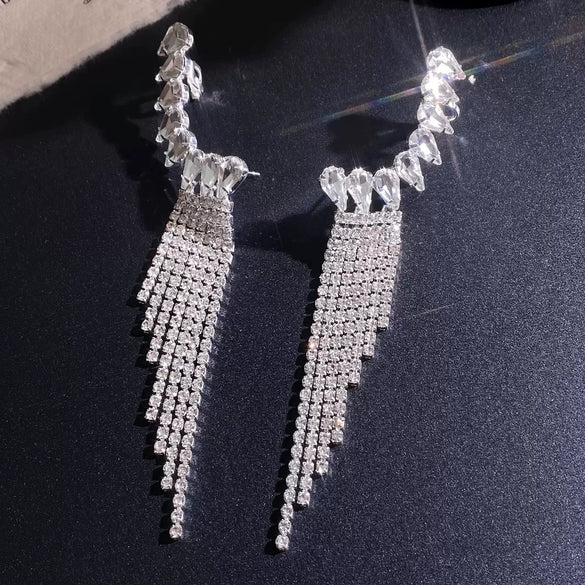 Women's Geometric Sparkling Rhinestone Tassel Earrings With Alloy Design And Stainless Steel Ear Needles Electroplated Stud And Clipon Styles